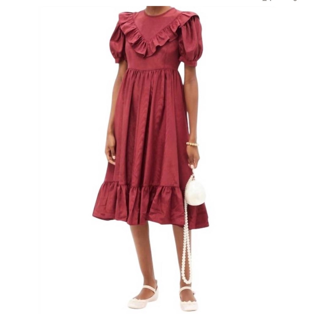 Batsheva Yellow Satin Ruffled Puff-Sleeve Dress - Picture 3 of 16